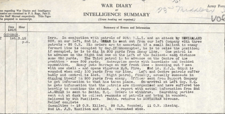 October 1, 1916 War Diary